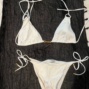 PQ white bathing suit with gold chain
